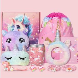 Cute pink UNICORN gift box! 11 items (tumbler, eye mask, hair bands, purse, etc)